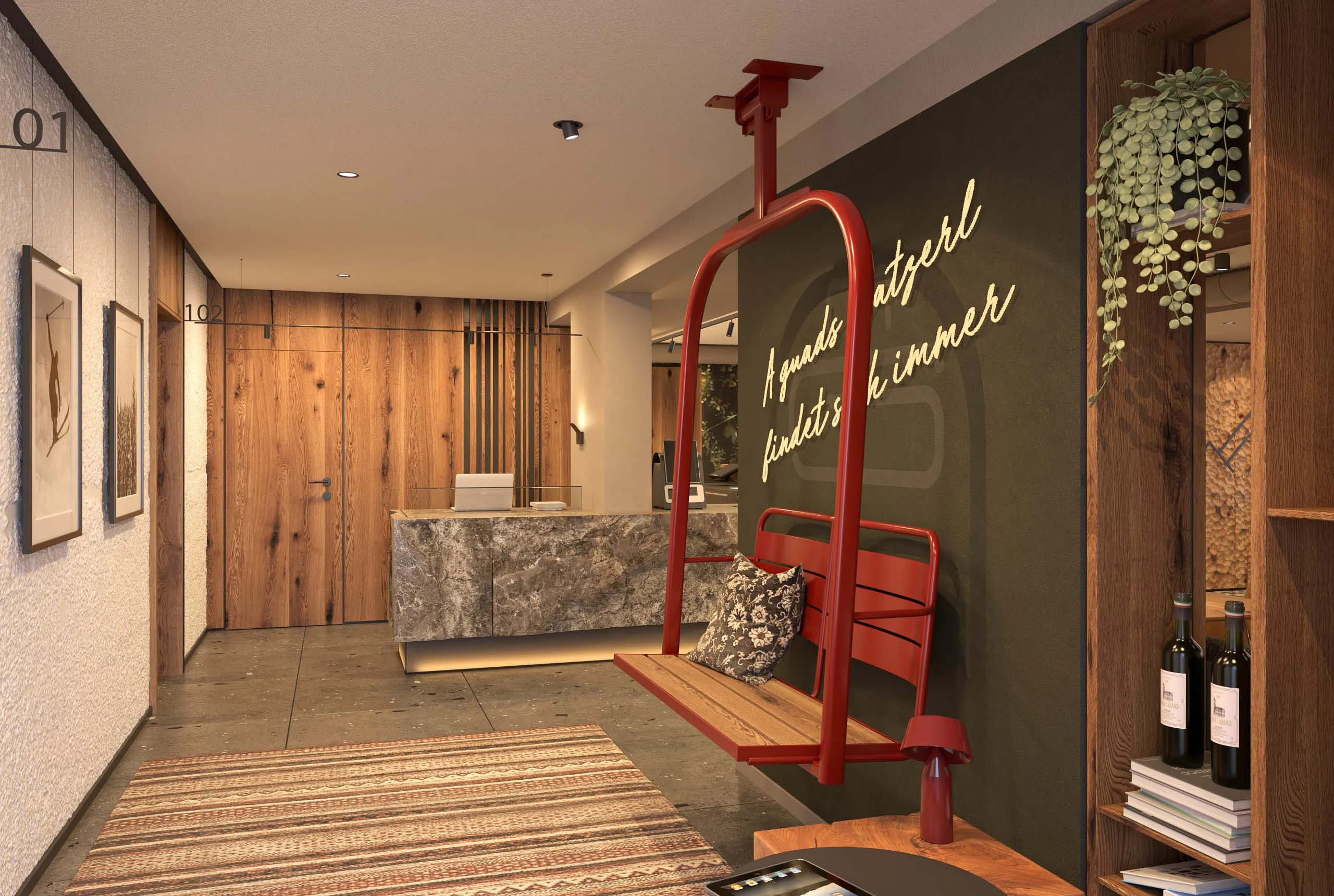 Ein Hotel in Großarl für Aktive | für Genießer | für dich Moderne Hotellobby mit roter Schaukel und rustikalem Holzmobiliar