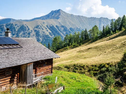 Ein Hotel in Großarl für Aktive | für Genießer | für dich Berghütte mit Solarpanelen vor einer alpinen Berglandschaft und Wäldern