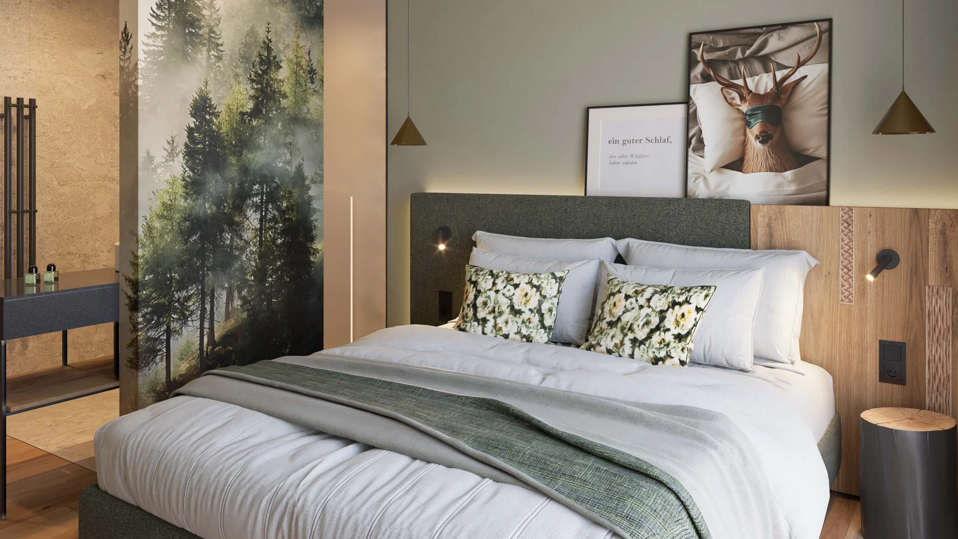 Ein Hotel in Großarl für Aktive | für Genießer | für dich Modernes Schlafzimmer mit Waldwandbild und Hirschkunst über dem Bett