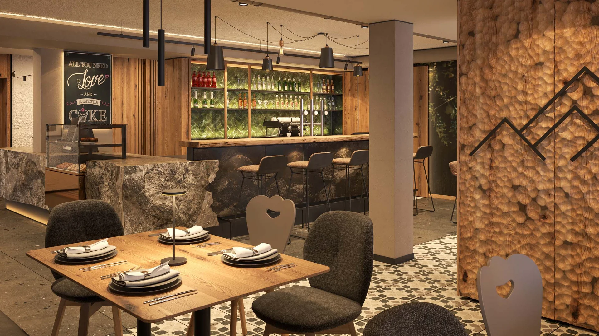 Ein Hotel in Großarl für Aktive | für Genießer | für dich Modernes Restaurant mit Holzmöbeln und Bar mit hängenden Lampen