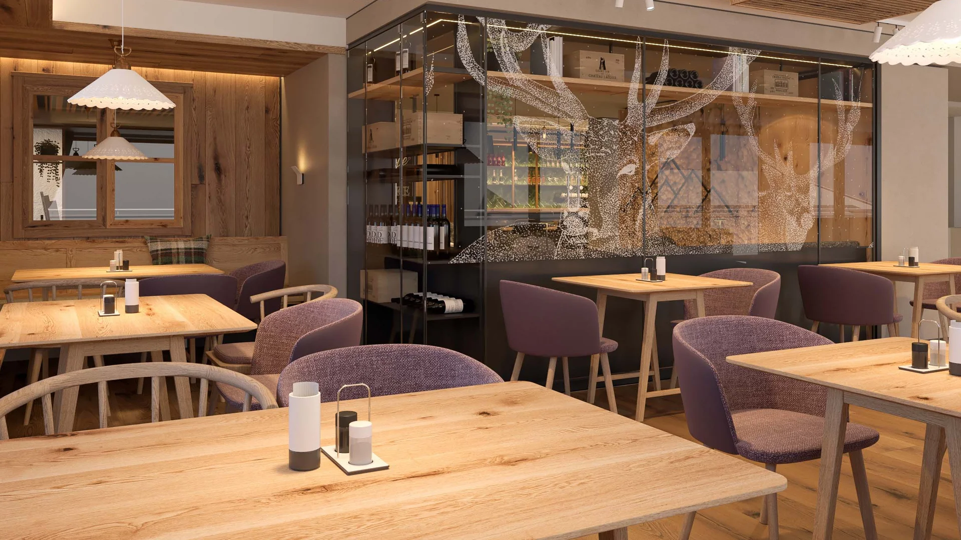 Ein Hotel in Großarl für Aktive | für Genießer | für dich Gemütliches Restaurant mit Holzmöbeln und dekorativen Lampen