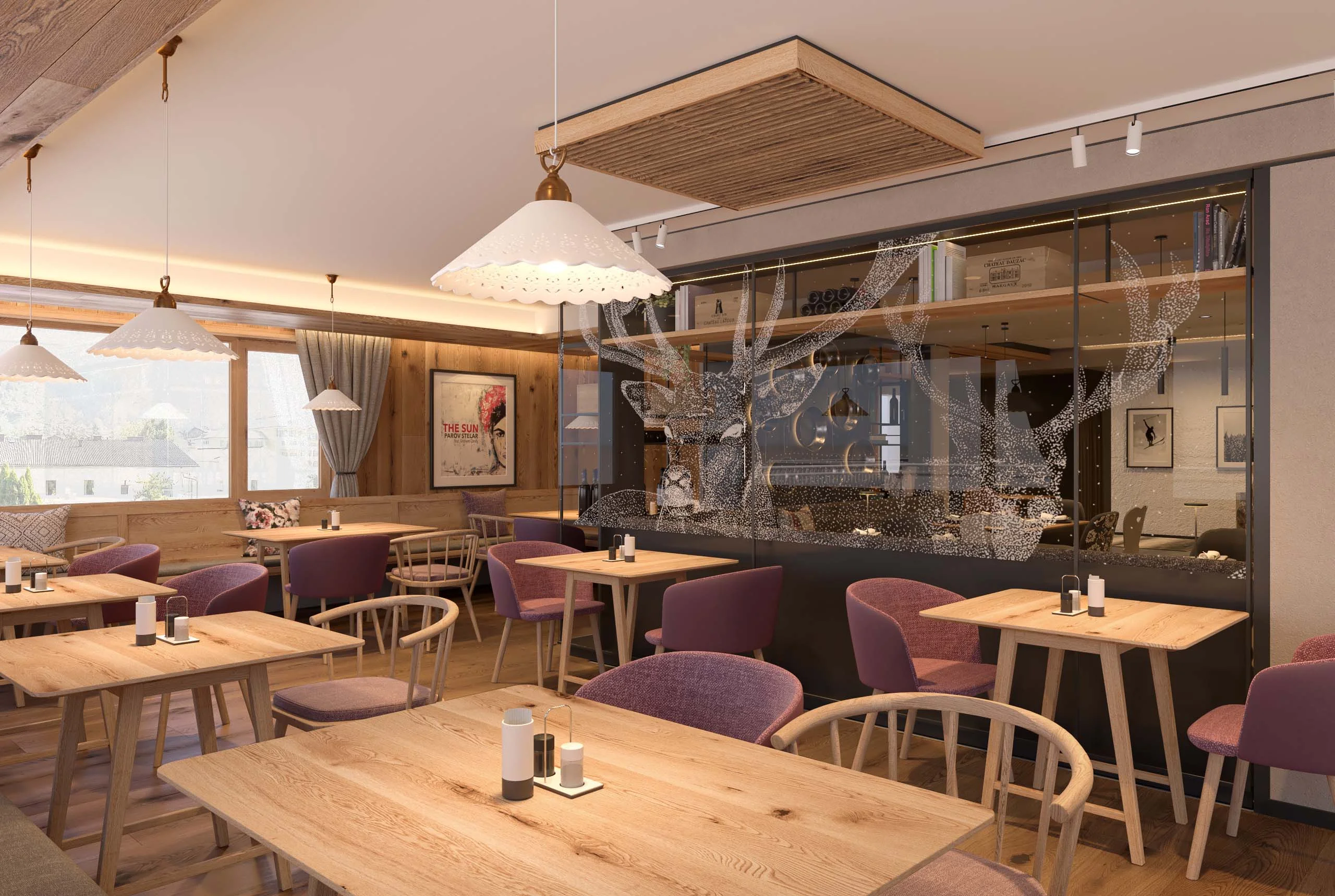 Ein Hotel in Großarl für Aktive | für Genießer | für dich Gemütliches Restaurant mit Holzmöbeln und lila Stühlen