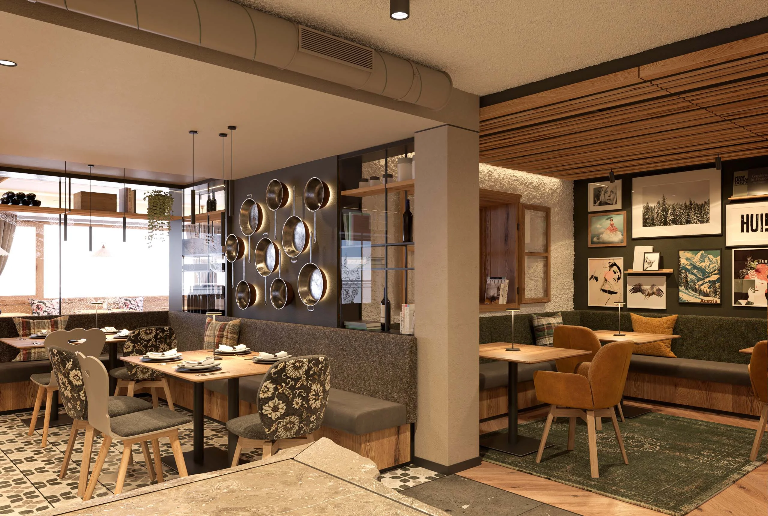 Ein Hotel in Großarl für Aktive | für Genießer | für dich Gemütlicher Restaurantbereich mit Holzdecke und dekorativen Wandplatten